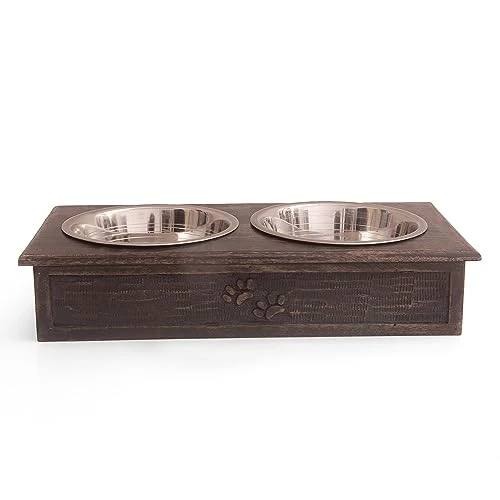 Pet Dog Water & Food Bowl Feeder Dish Elevated Raised Stainless Steel Metal Cups Set Of 2 With Premium Wood Stand Rust Resistant Food Grade Dry & Wet Food, Weighted & Durable, No Spill, Natural Brown