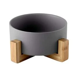 Pet Bowl Ceramics Food Feeding Bowl Pet Feeder Wood Frame Round Bowl Pet Supplies (Grey, Shelf+ Bowl)