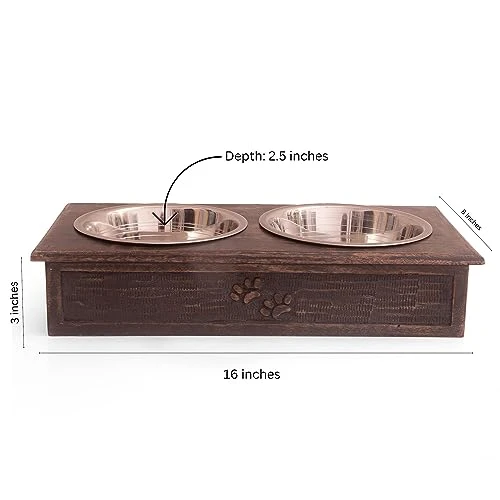 Pet Dog Water & Food Bowl Feeder Dish Elevated Raised Stainless Steel Metal Cups Set Of 2 With Premium Wood Stand Rust Resistant Food Grade Dry & Wet Food, Weighted & Durable, No Spill, Natural Brown - Image 2