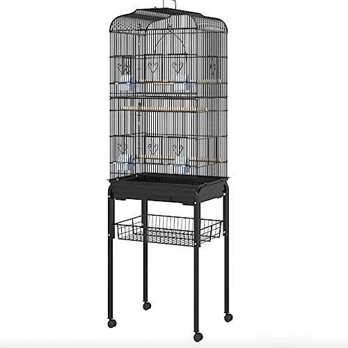 ACQUIRE 63" Metal Indoor Birdcage Starter Kit With Removable Rolling Stand, Storage Basket And Accessories Black Birdcage