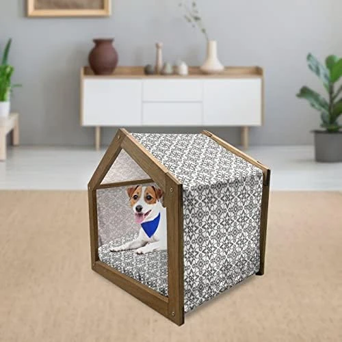 Ambesonne Pineapple Wooden Pet House, Tropical Fruit Pattern In Pastel Colors Juicy Nutritious And Ripe Summer Food, Indoor & Outdoor Portable Dog Kennel With Pillow And Cover, Medium, Multicolor - Image 8