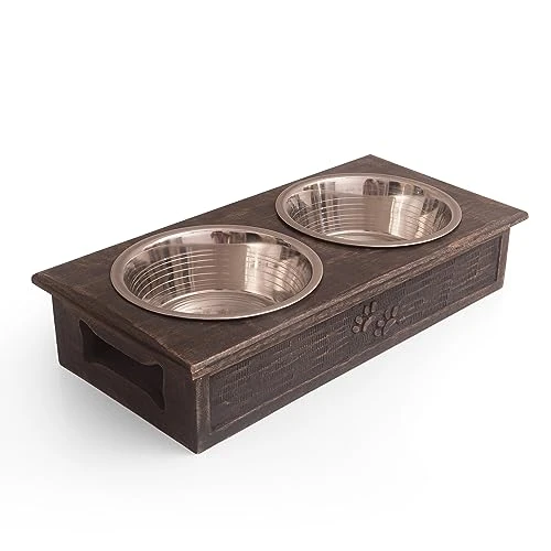 Pet Dog Water & Food Bowl Feeder Dish Elevated Raised Stainless Steel Metal Cups Set Of 2 With Premium Wood Stand Rust Resistant Food Grade Dry & Wet Food, Weighted & Durable, No Spill, Natural Brown - Image 4