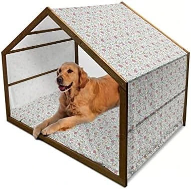 Ambesonne Floral Wooden Pet House, Singing Birds On Branches Berries Leaves Spring Sketch Outline, Indoor & Outdoor Portable Dog Kennel With Pillow And Cover, Small, Dark Seafoam Multicolor - Image 12
