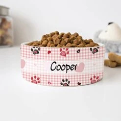 GENERIC Personalized Pet Footprint & Pink Plaid Pattern Pet Bowl, Dog Name Bowl, Cat Name Bowl, Gift For Pets, Ceramic Bowl