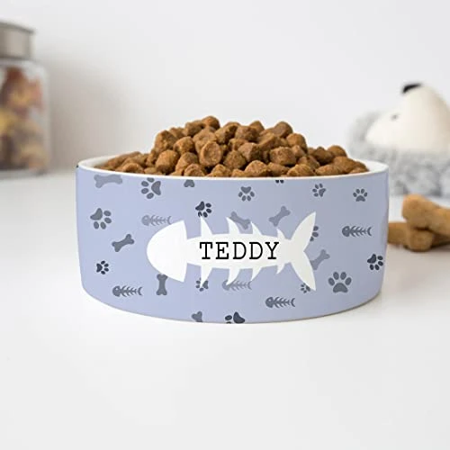 GENERIC Dog Footprint & Fish Bones Pattern Pet's Name Bowl, Ceramic Food Bowl For Pets Available In Two Sizes, Gift For Dog