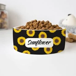 GENERIC Black Sunflower Pattern Pet Bowl With Customized Name, Pet's Name Bowl, Food Bowl For Dog, Cat Bowl