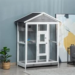 ACQUIRE Bird Cage Wooden Aviary House With Standing Pole Nest Slide-Out Tray, Grey 50" L X 28.75" W X 64.5" H