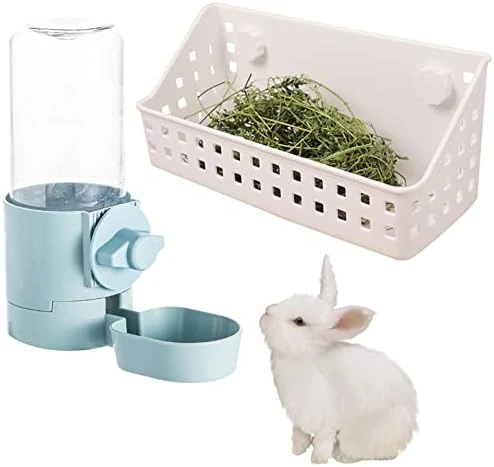 Hamiledyi Rabbit Hay Feeder & Water Fountain Set, Guinea Pigs Hay Food Feeder Bowls Manger Rack 17oz Hanging Gravity Automatic Drinking Feeder For Ferrets Chinchillas (Blue) - Image 7