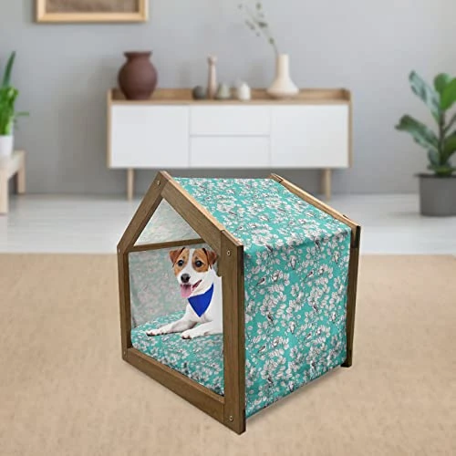 Ambesonne Floral Wooden Pet House, Singing Birds On Branches Berries Leaves Spring Sketch Outline, Indoor & Outdoor Portable Dog Kennel With Pillow And Cover, Small, Dark Seafoam Multicolor - Image 2