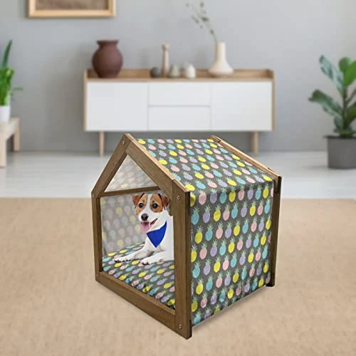 Ambesonne Scandinavian Wooden Pet House, Colorful Tropical Pineapples On Dark Toned Background Ornate Ripe Exotic Food, Indoor & Outdoor Portable Dog Kennel With Pillow And Cover, Small, Multicolor - Image 2
