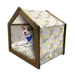 Ambesonne Fruits Wooden Pet House, Soft Toned Exotic Pineapple Tropical Diet Food Illustration, Indoor & Outdoor Portable Dog Kennel With Pillow And Cover, Small, Marigold Dimgray