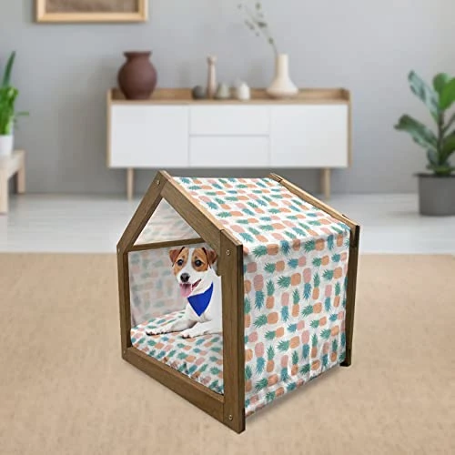 Ambesonne Pineapple Wooden Pet House, Tropical Fruit Pattern Detailed Composition Of Hawaiian Food Summer Season, Indoor & Outdoor Portable Dog Kennel With Pillow And Cover, Small, Apricot Sea Green - Image 2