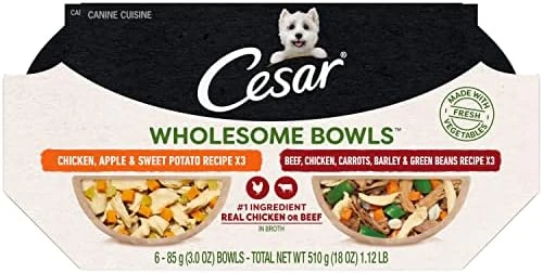 CESAR WHOLESOME BOWLS Adult Soft Wet Dog Food Toppers Variety Pack, Chicken, Carrots, Barley & Green Beans Recipe And Beef, Chicken, Purple Potatoes & Carrots Recipe, (6) 3 Oz. Bowls - Image 9
