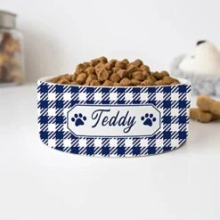 GENERIC Personalized Blue Houndstooth Pattern Pet Bowl, Dog Name Bowl, Cat Name Bowl, Gift For Pets, Ceramic Bowl Available In Two Sizes