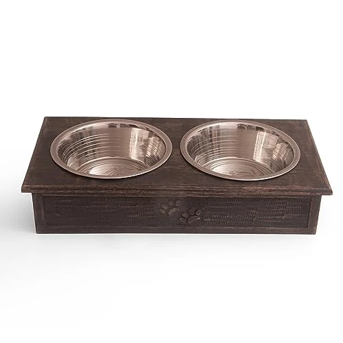 Pet Dog Water & Food Bowl Feeder Dish Elevated Raised Stainless Steel Metal Cups Set Of 2 With Premium Wood Stand Rust Resistant Food Grade Dry & Wet Food, Weighted & Durable, No Spill, Natural Brown - Image 5