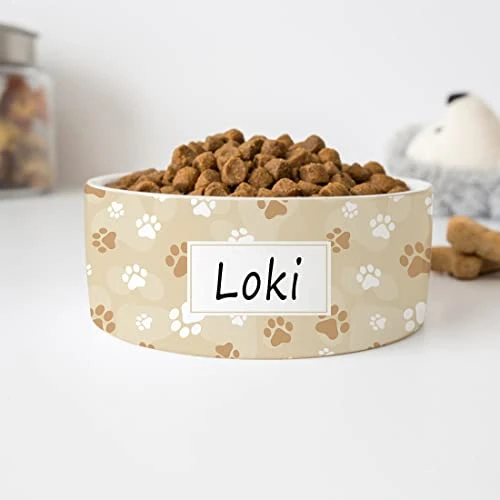 GENERIC Cute Dog Paw Print Pattern Pet's Name Bowl, Ceramic Food Bowl For Dogs Available In Two Sizes, Gift For Dog