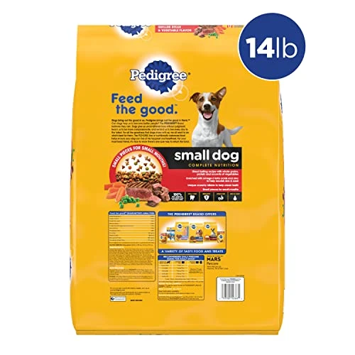 Pedigree Small Dog Complete Nutrition Small Breed Adult Dry Dog Food Grilled Steak And Vegetable Flavor Dog Kibble, 14 Lb. Bag