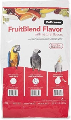 ZuPreem FruitBlend Flavor Pellets Bird Food For Parrots And Conures, 35 Lb - Daily Blend Made In USA For Caiques, African Greys, Senegals, Amazons, Eclectus, Small Cockatoos