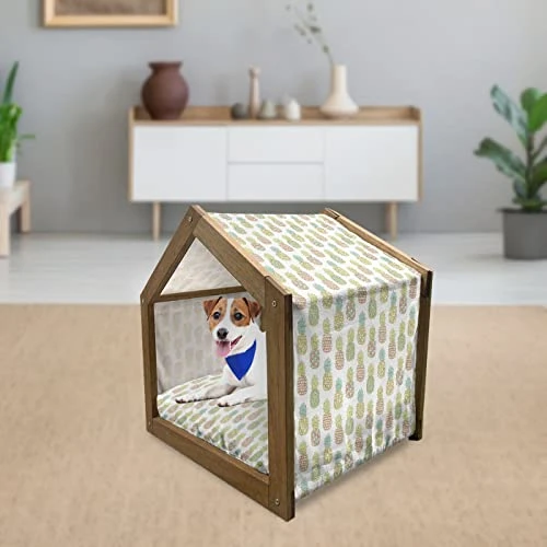 Ambesonne Pineapple Wooden Pet House, Tropical Fruit Pattern In Pastel Colors Juicy Nutritious And Ripe Summer Food, Indoor & Outdoor Portable Dog Kennel With Pillow And Cover, Medium, Multicolor - Image 2