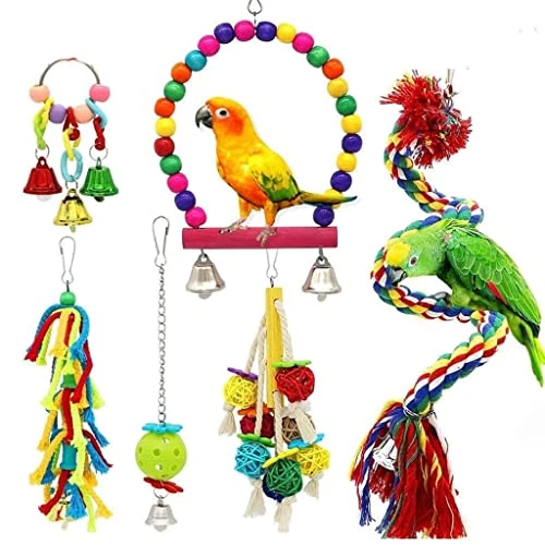JYDQM 6pcs Parrot Parakeet Bird Toys Pet Accessories Hanging Bell Ladders Climbing Shaking Swing Toy Chewing Bite Rope Ball
