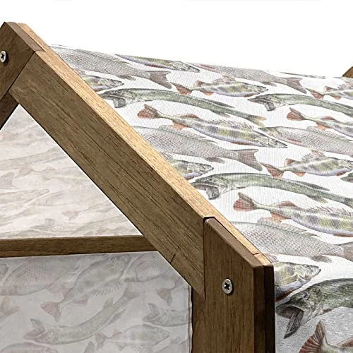 Ambesonne Fishes Wooden Pet House, Watercolor Common Carp Perch And Bass Freshwater Animals Themed Seafood Drawing, Indoor & Outdoor Portable Dog Kennel With Pillow And Cover, Small, Multicolor - Image 4