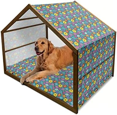 Ambesonne Pineapple Wooden Pet House, Tropical Fruit Pattern In Pastel Colors Juicy Nutritious And Ripe Summer Food, Indoor & Outdoor Portable Dog Kennel With Pillow And Cover, Medium, Multicolor - Image 13