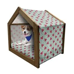 Ambesonne Fruit Wooden Pet House, Watermelon Slices On Pastel Colored Background Pop Art Fresh Food, Indoor & Outdoor Portable Dog Kennel With Pillow And Cover, Small, Almond Green Dark Coral