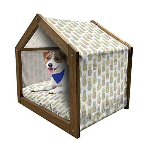 Ambesonne Pineapple Wooden Pet House, Tropical Fruit Pattern In Pastel Colors Juicy Nutritious And Ripe Summer Food, Indoor & Outdoor Portable Dog Kennel With Pillow And Cover, Medium, Multicolor