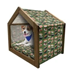 Ambesonne Sushi Wooden Pet House, Seafood Themed Traditional Sushi Rolls Consisting Of Rice Raw Fish Veggies In Seaweed, Indoor & Outdoor Portable Dog Kennel With Pillow And Cover, Small, Multicolor