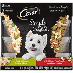 CESAR Simply Crafted Adult Wet Dog Food Meal Topper Variety Pack, Chicken, Carrots, Potatoes & Peas And Beef, Chicken, Purple Potatoes, Green Beans & Red Rice, (10) 1.3 Oz. Tubs