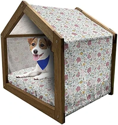 Ambesonne Floral Wooden Pet House, Singing Birds On Branches Berries Leaves Spring Sketch Outline, Indoor & Outdoor Portable Dog Kennel With Pillow And Cover, Small, Dark Seafoam Multicolor - Image 14
