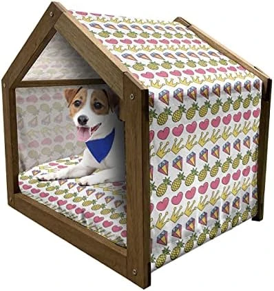 Ambesonne Pineapple Wooden Pet House, Tropical Fruit Pattern In Pastel Colors Juicy Nutritious And Ripe Summer Food, Indoor & Outdoor Portable Dog Kennel With Pillow And Cover, Medium, Multicolor - Image 15