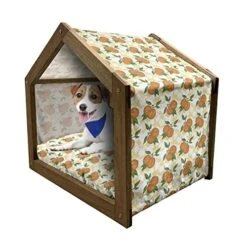 Ambesonne Fruit Wooden Pet House, Pattern With Hand-Drawn Orange Fruits Organic Nutritious Food, Indoor & Outdoor Portable Dog Kennel With Pillow And Cover, Medium, Dark Orange Green