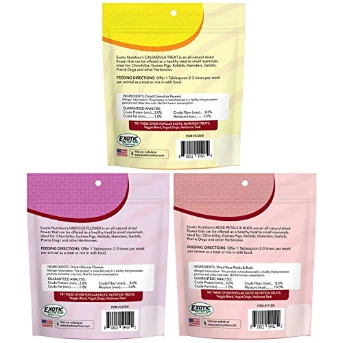 Exotic Nutrition Flower Treat 3 Pack - Healthy Assortment - Hibiscus, Calendula, Rose - For Squirrels, Guinea Pigs, Rabbits, Chinchillas, Prairie Dogs, Degus, Hamster, Gerbils, & Other Herbivores - Image 3