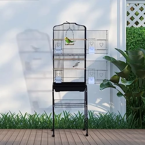 ACQUIRE 63" Metal Indoor Birdcage Starter Kit With Removable Rolling Stand, Storage Basket And Accessories Black Birdcage - Image 2