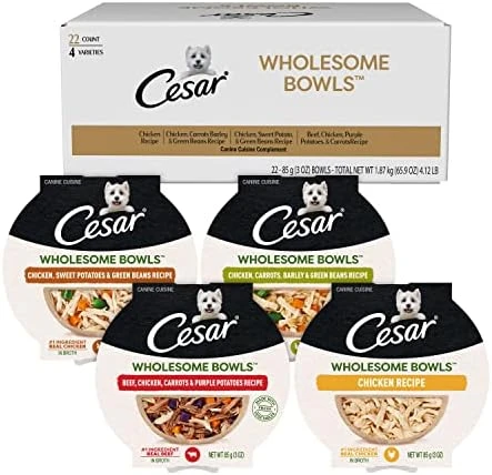 CESAR WHOLESOME BOWLS Adult Soft Wet Dog Food Toppers Variety Pack, Chicken, Carrots, Barley & Green Beans Recipe And Beef, Chicken, Purple Potatoes & Carrots Recipe, (6) 3 Oz. Bowls - Image 8