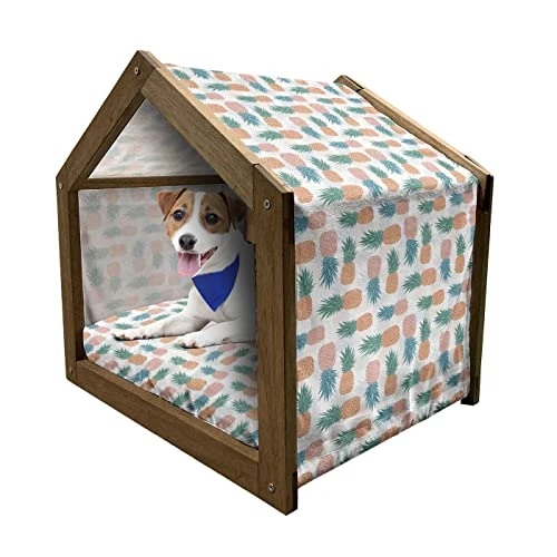 Ambesonne Pineapple Wooden Pet House, Tropical Fruit Pattern Detailed Composition Of Hawaiian Food Summer Season, Indoor & Outdoor Portable Dog Kennel With Pillow And Cover, Small, Apricot Sea Green