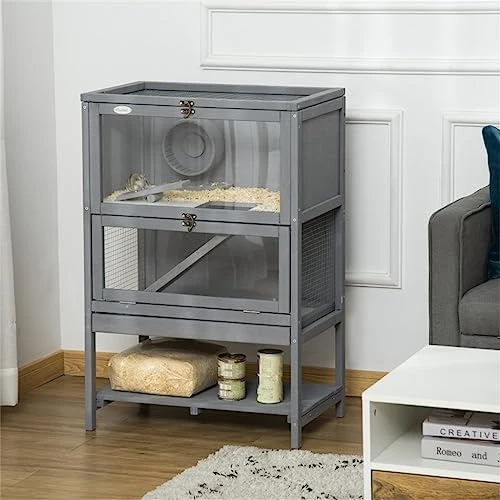 ACQUIRE Grey Wooden Hamster Cage, 2-Tier Small Animals Hutch, W/Storage Shelf, Tray, 23.5" L X 15.75" W X 35.5" H