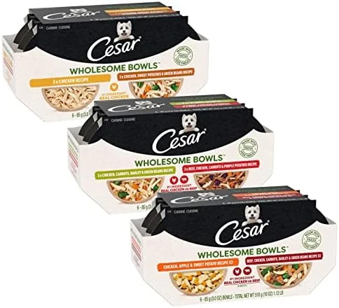 CESAR WHOLESOME BOWLS Adult Soft Wet Dog Food Toppers Variety Pack, Chicken, Carrots, Barley & Green Beans Recipe And Beef, Chicken, Purple Potatoes & Carrots Recipe, (6) 3 Oz. Bowls - Image 7