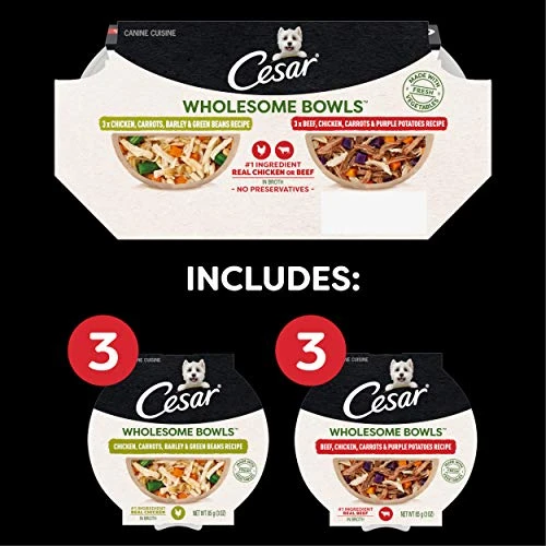 CESAR WHOLESOME BOWLS Adult Soft Wet Dog Food Toppers Variety Pack, Chicken, Carrots, Barley & Green Beans Recipe And Beef, Chicken, Purple Potatoes & Carrots Recipe, (6) 3 Oz. Bowls - Image 2