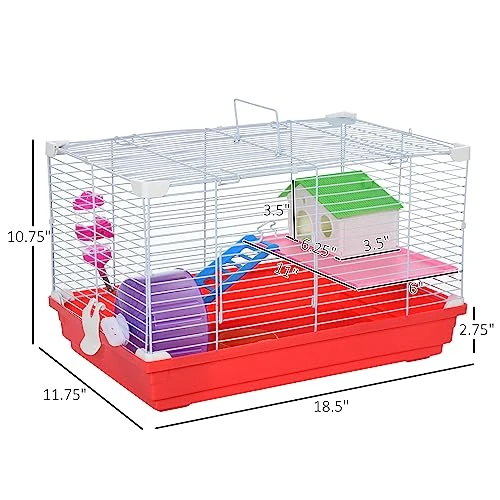 PawHut 18.5" Hamster Cage With Exercise Wheel And Water Bottle, Dish, Rat House And Habitat 2-Story Design, Red - Image 3
