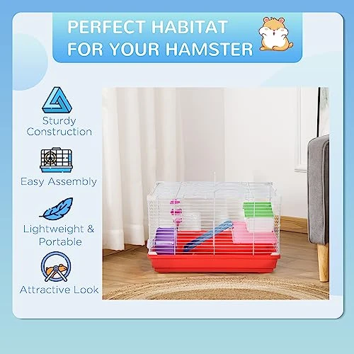 PawHut 18.5" Hamster Cage With Exercise Wheel And Water Bottle, Dish, Rat House And Habitat 2-Story Design, Red - Image 7