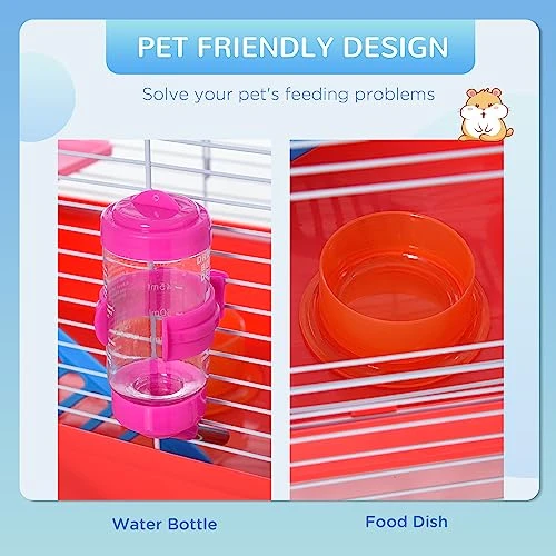 PawHut 18.5" Hamster Cage With Exercise Wheel And Water Bottle, Dish, Rat House And Habitat 2-Story Design, Red - Image 4