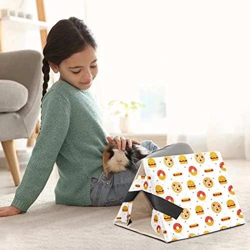 Y-DSIWX Guinea Pig Hideout House Bed, Burger Donut Hot Dog Pizza Flat Food Pattern Rabbit Cave, Squirrel Chinchilla Hamster Hedgehog Nest Cage - Image 4