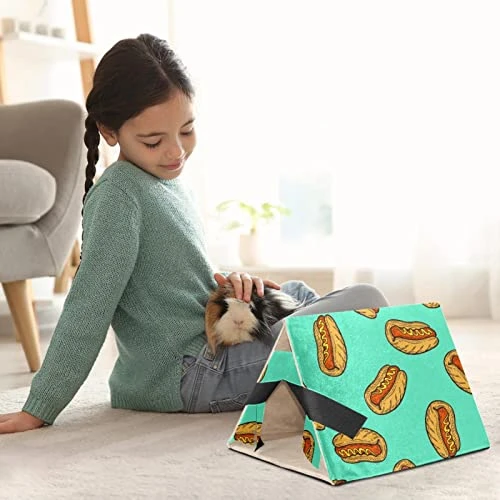 Y-DSIWX Guinea Pig Hideout House Bed, Fast Food Hot Dog Pattern Green Rabbit Cave, Squirrel Chinchilla Hamster Hedgehog Nest Cage - Image 3