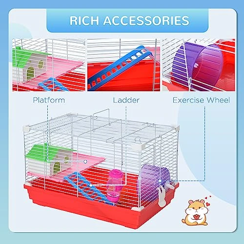 PawHut 18.5" Hamster Cage With Exercise Wheel And Water Bottle, Dish, Rat House And Habitat 2-Story Design, Red - Image 6