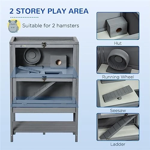 ACQUIRE Grey Wooden Hamster Cage, 2-Tier Small Animals Hutch, W/Storage Shelf, Tray, 23.5" L X 15.75" W X 35.5" H - Image 3