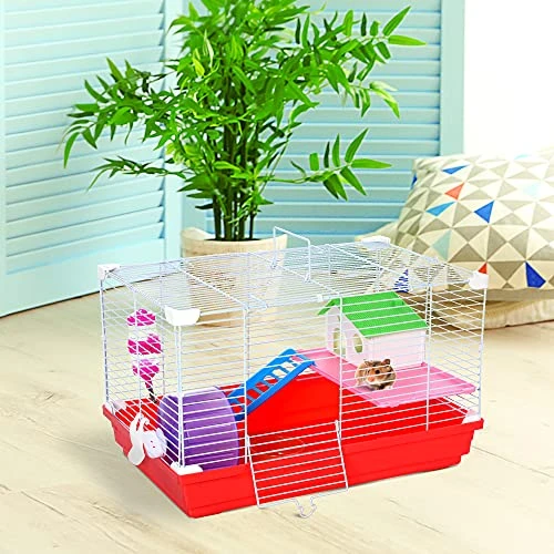 PawHut 18.5" Hamster Cage With Exercise Wheel And Water Bottle, Dish, Rat House And Habitat 2-Story Design, Red - Image 2