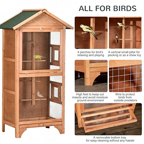 ACQUIRE Wooden Outdoor Bird Cage, Featuring A Large Play House With Removable Bottom Tray 4 Perch, Orange/Light Grey (Color : E, Size : As Shown) - Image 4