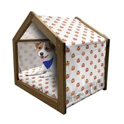 Ambesonne Sushi Wooden Pet House, Repeating Food Pattern Raw Fish And Rice With Caviar Toppings Flat Style, Indoor & Outdoor Portable Dog Kennel With Pillow And Cover, Medium, Orange Salmon Dark Blue